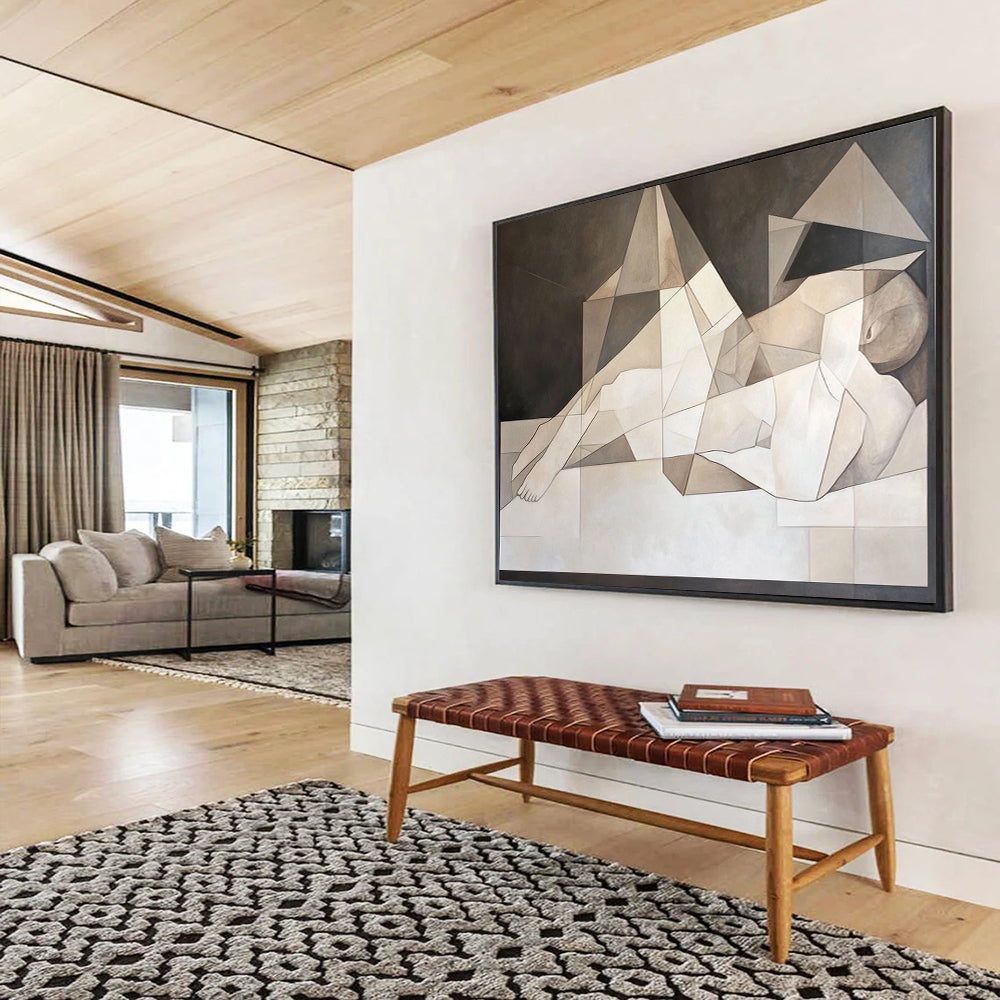 “Geometric Reclining Figure” - Neutral tones, angular shapes, Cubist - Inspired Painting On Canvas HB0570