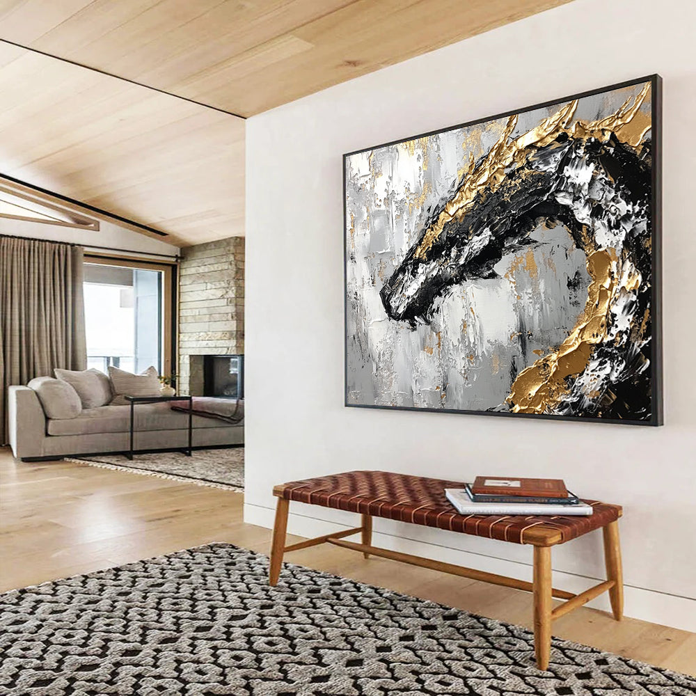 “Golden Dragon on Textured Gray” - Gray, Gold, Black, White, Abstract Textured Dragon Painting On Canvas HB1093