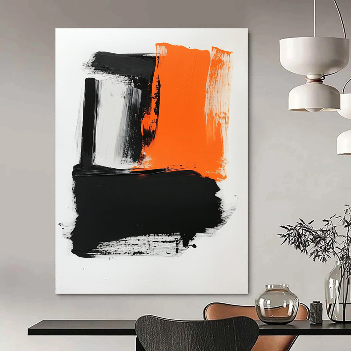 Contemporary hand-painted abstract artwork featuring a white background, vibrant orange and black hues, bold brush strokes, and striking negative space. DLZ0433