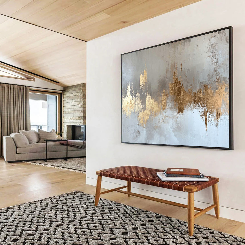“Gold Accents on Gray White” - Gold, Gray, White, Textured Forms - Painting On Canvas HB1418