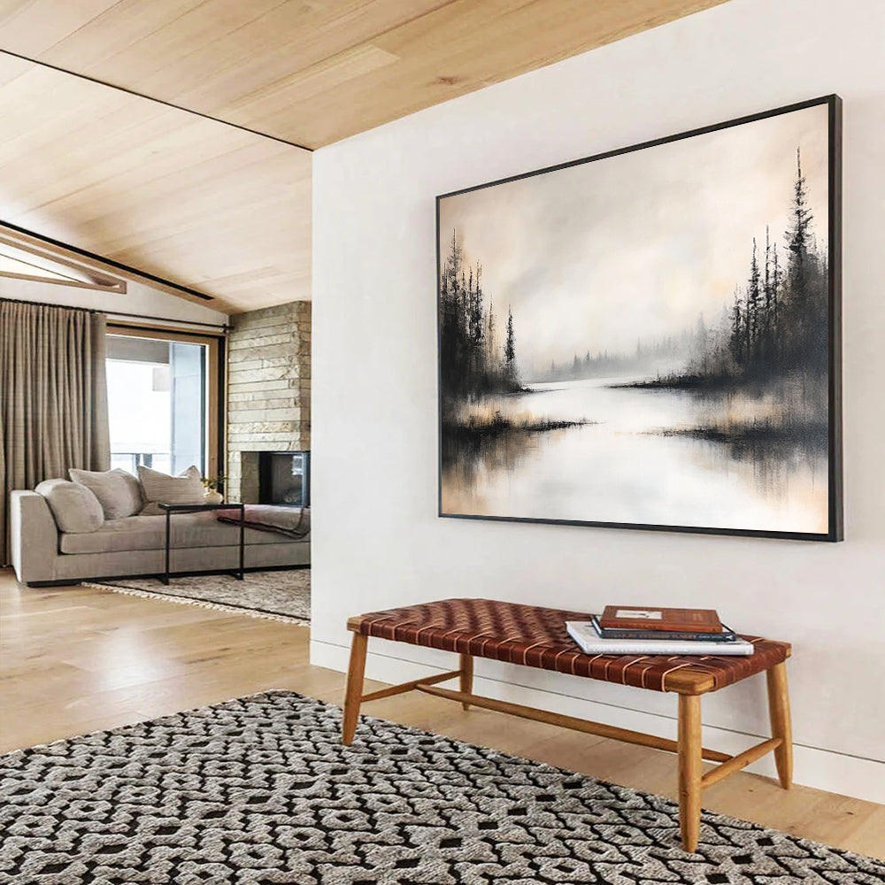 “Foggy Forest Lake” - Black, White, Gray, Silhouetted Trees and Misty Water Painting On Canvas HB0918