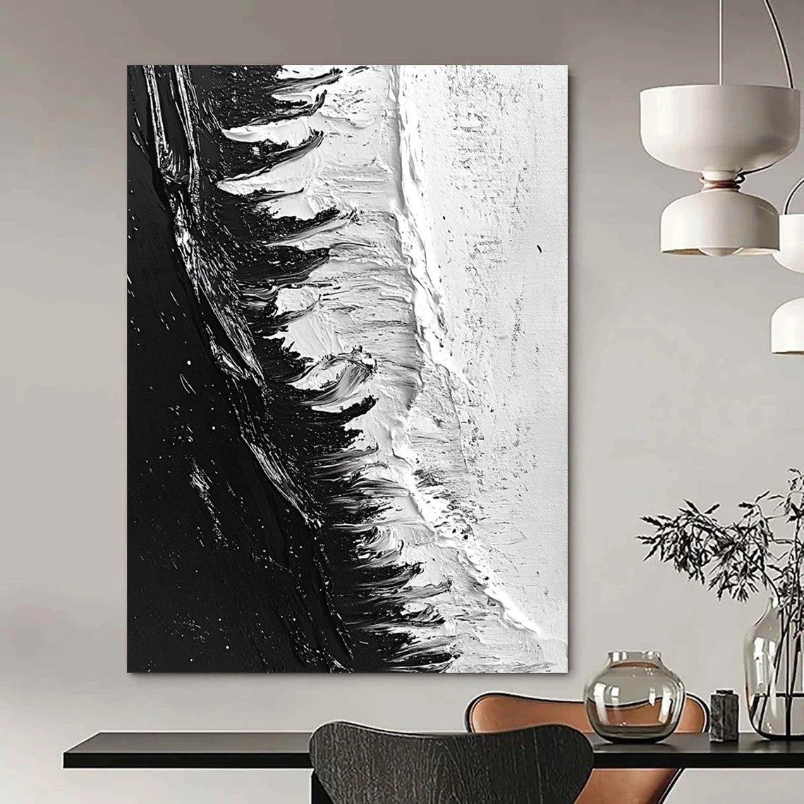 Contemporary abstract painting featuring dynamic black and white ice shelf with heavy brush strokes and a photorealistic oil finish. DLZ0307