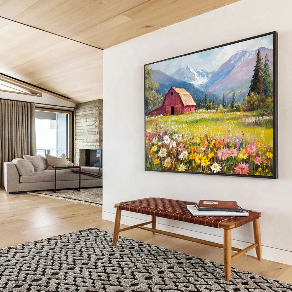“Mountain Valley Barn” - Lush Greens, Yellows, Pinks, Barn in Flower - Filled Valley - Romantic Oil Painting HB1692