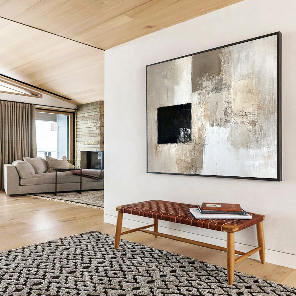 “Subtle Neutrals with a Bold Black Square” - Beige, gray, white, black; Abstract neutral blocks with a black square; Oil Painting On Canvas HB1227