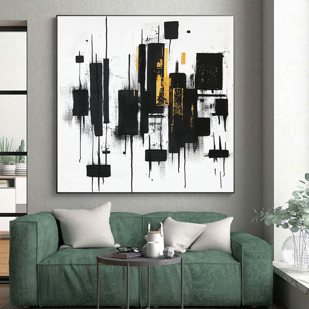 Black, White, Gold and Gray Abstract "Vertical Dynamics" Painting On Canvas HB405