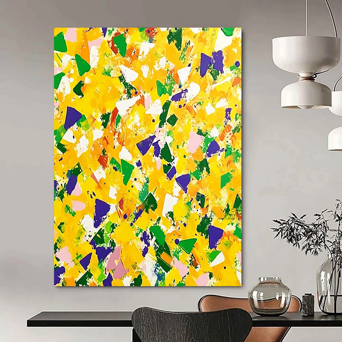 Contemporary hand-painted abstract artwork featuring vibrant yellow and green with purple accents, dynamic shapes, and energetic brushstrokes for a joyful atmosphere. DLZ1505