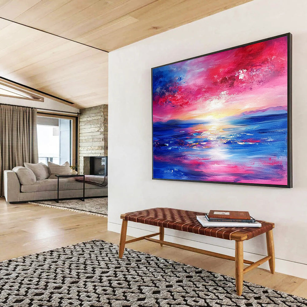 “Vibrant Sunset Seascape” - Pink, red, blue, yellow; Abstract sunset sea; Expressive Oil Painting On Canvas HB1193