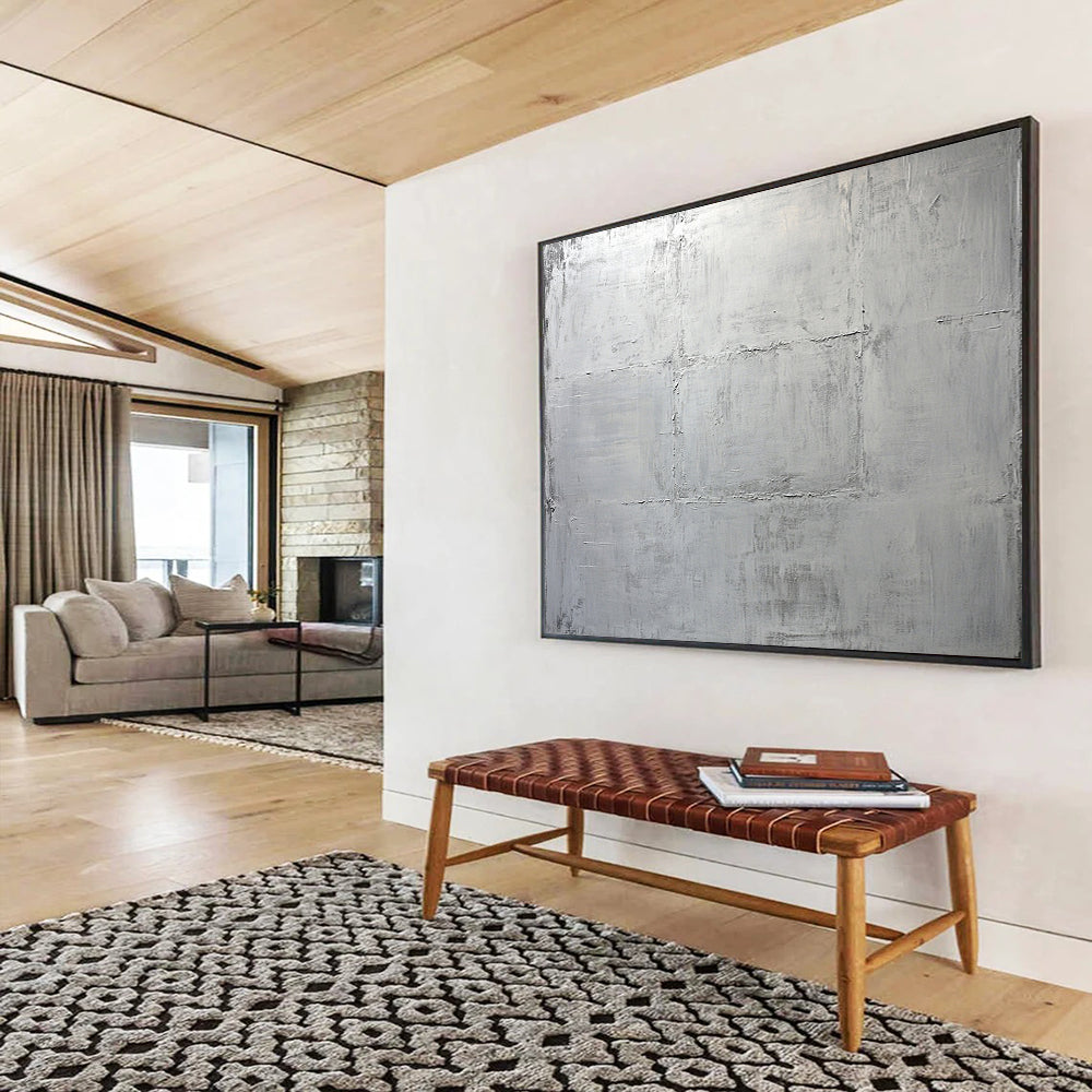 “Minimalist Silver Grid” - Subtle grays, textured grid, Minimalist Textural Painting On Canvas HB0575