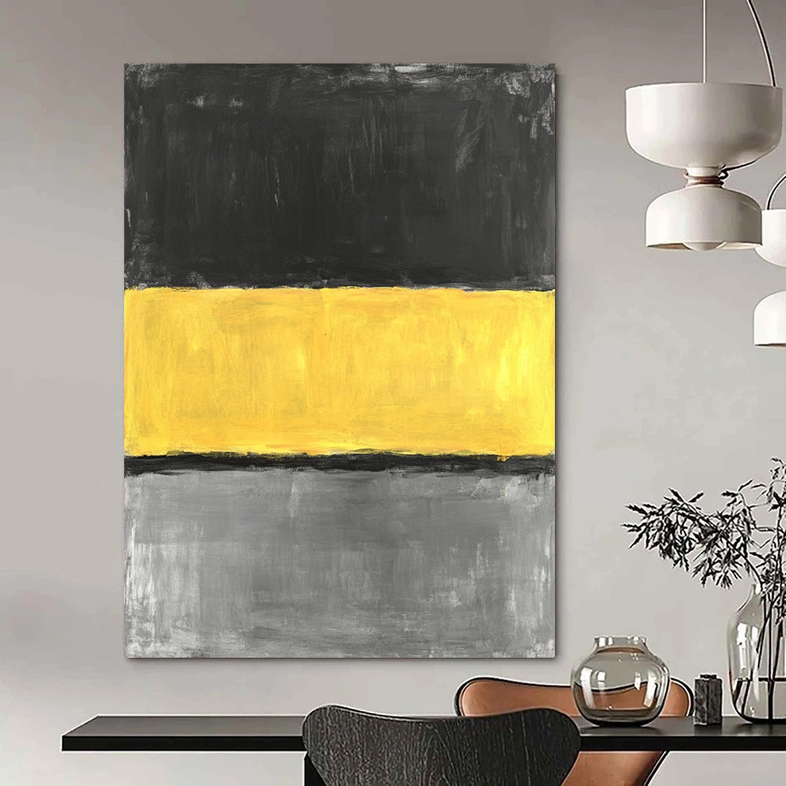 Large contemporary hand-painted abstract artwork featuring a striking yellow stripe on a grey background in minimalist oil expression. DLZ1390
