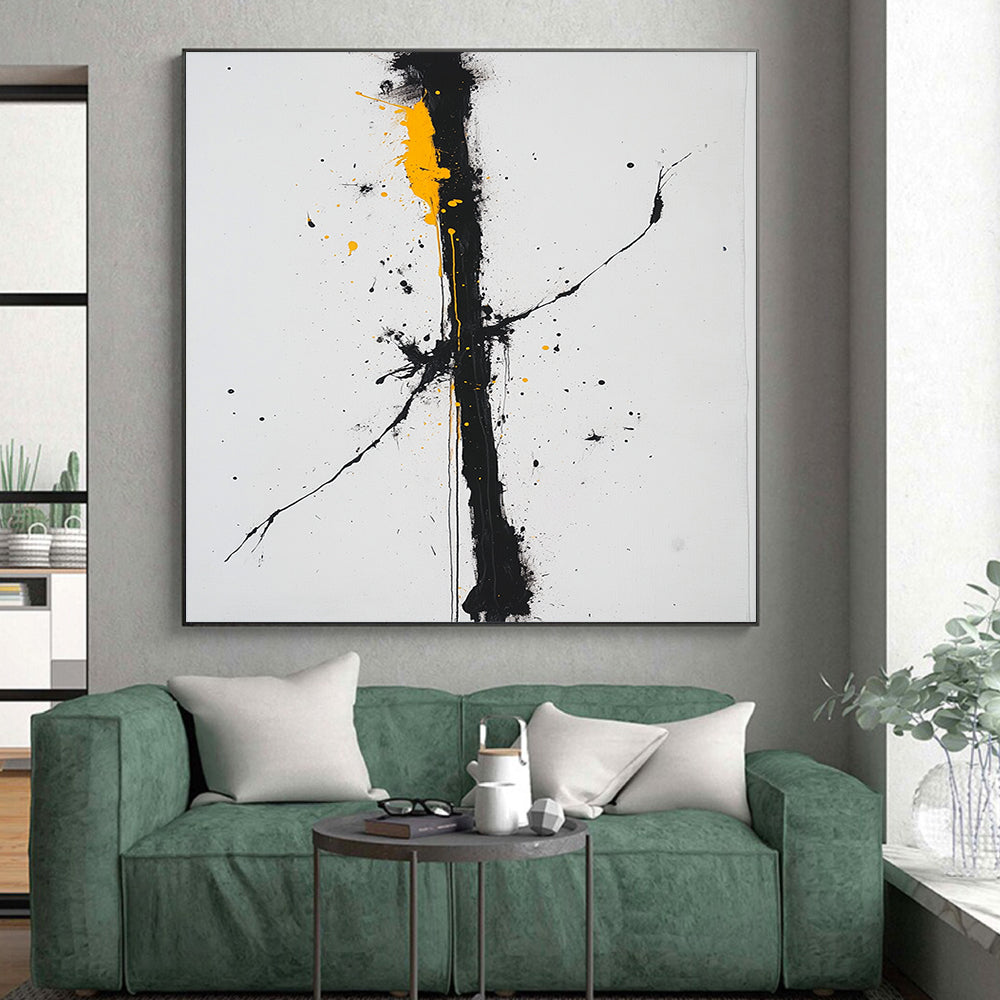 Black, White, Gray, Yellow, Bold Vertical Drip "Sunlit Chaos" Abstract Expressionist Painting On Canvas HB068