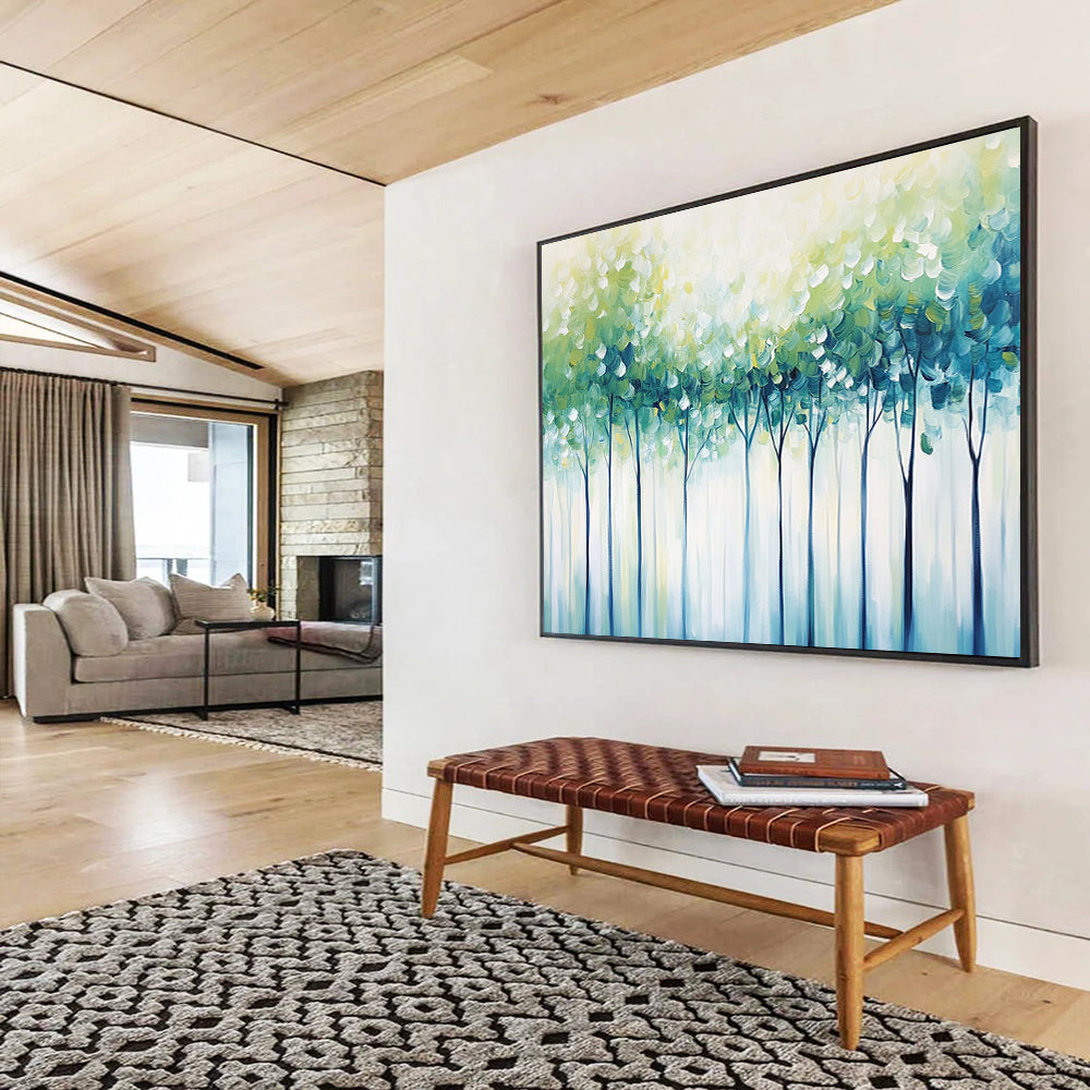 “Soft Green Tree Canopy” - Green, Blue, Dreamy Tree Landscape Painting On Canvas HB0882