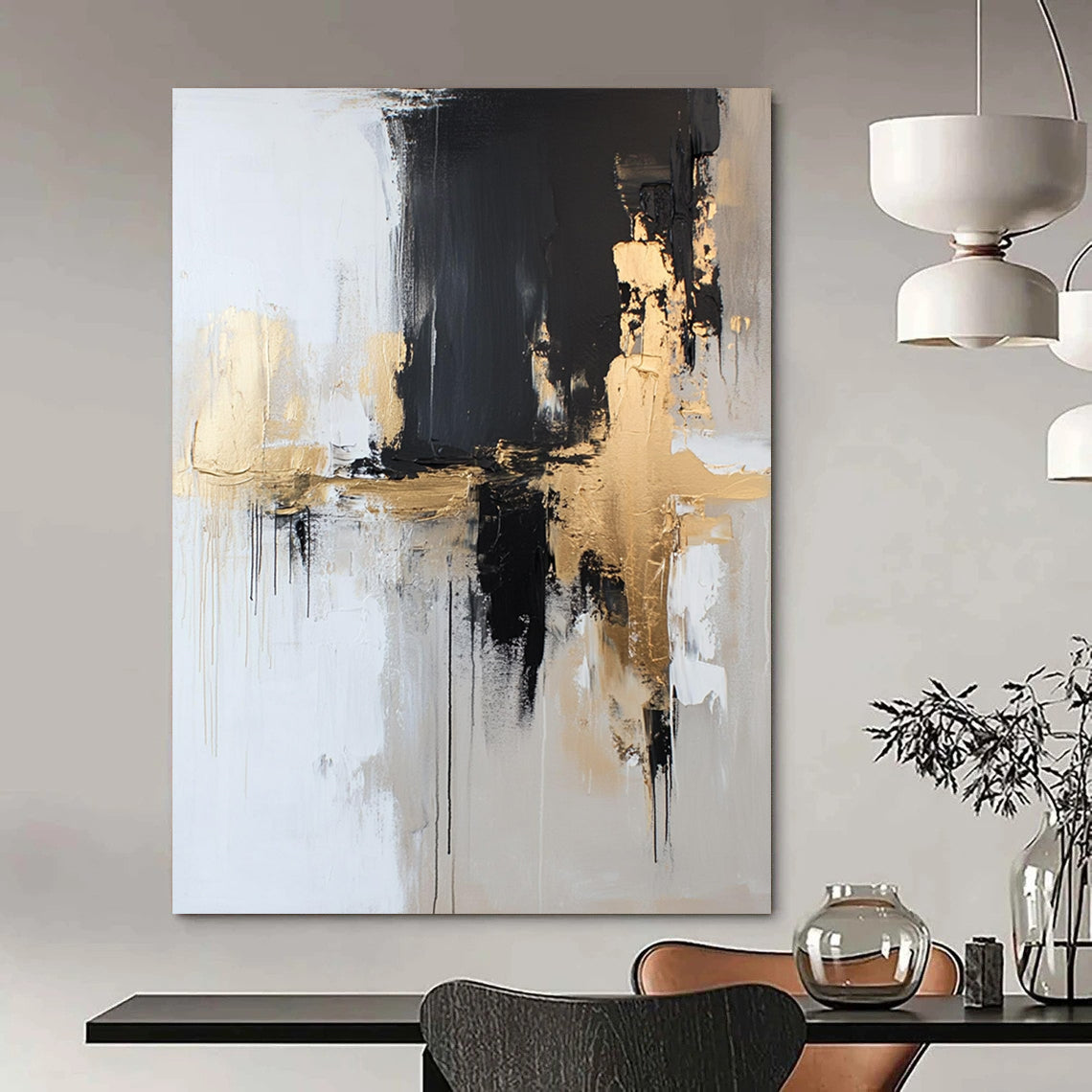 Contemporary hand-painted abstract artwork in neutral tones with gold accents, blending black and white elements for a striking visual impact. DLZ0518