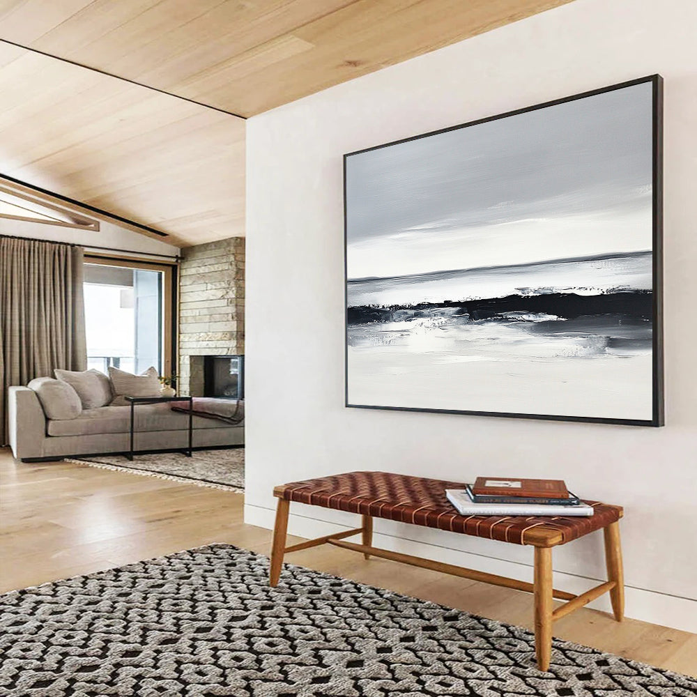 “Monochrome Sea Horizon” - Blacks, Whites, Grays, Sea Landscape - Minimalist Oil Painting HB1588