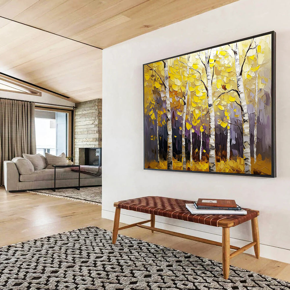 “Colorful Autumn Birch Forest” - Yellows, Purples, Browns, White, Birch Forest - Textured Oil Painting HB1583