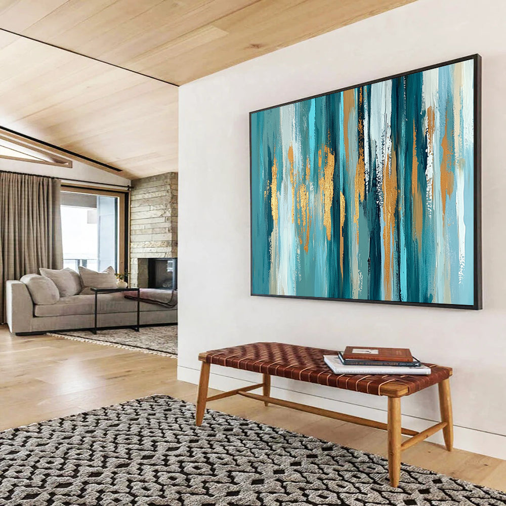 “Teal Gold Vertical Streaks” - Teal, gold, white, beige; Vertical abstract streaks with gold accents HB1289