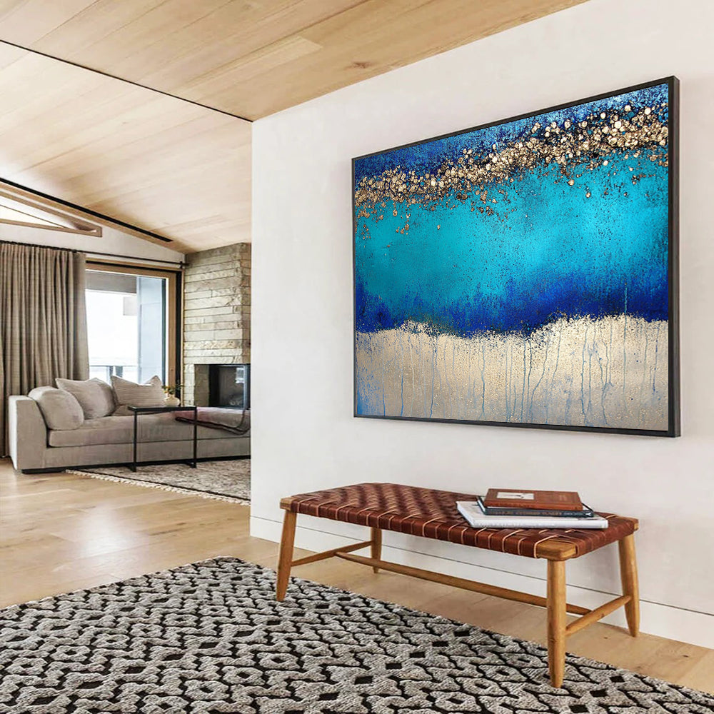 “Blue and Gold Sparkle” - Rich Blues, Shimmering Golds, Textured Abstract Layers - Mixed - Media Painting HB1753