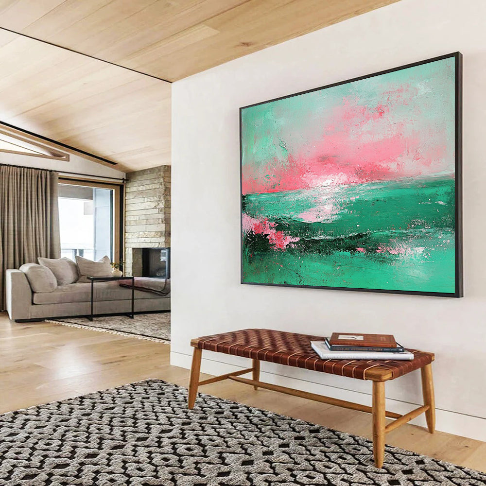 “Pastel Sea Sunset” - Mint, pink, sea scene, Abstract Landscape Painting On Canvas HB0560