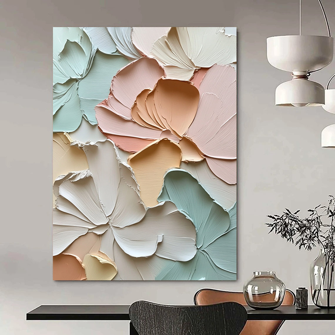 Large contemporary abstract floral artwork featuring textured petals and leaves in soft pastels exuding tranquility and depth through impasto strokes. DLZ1184