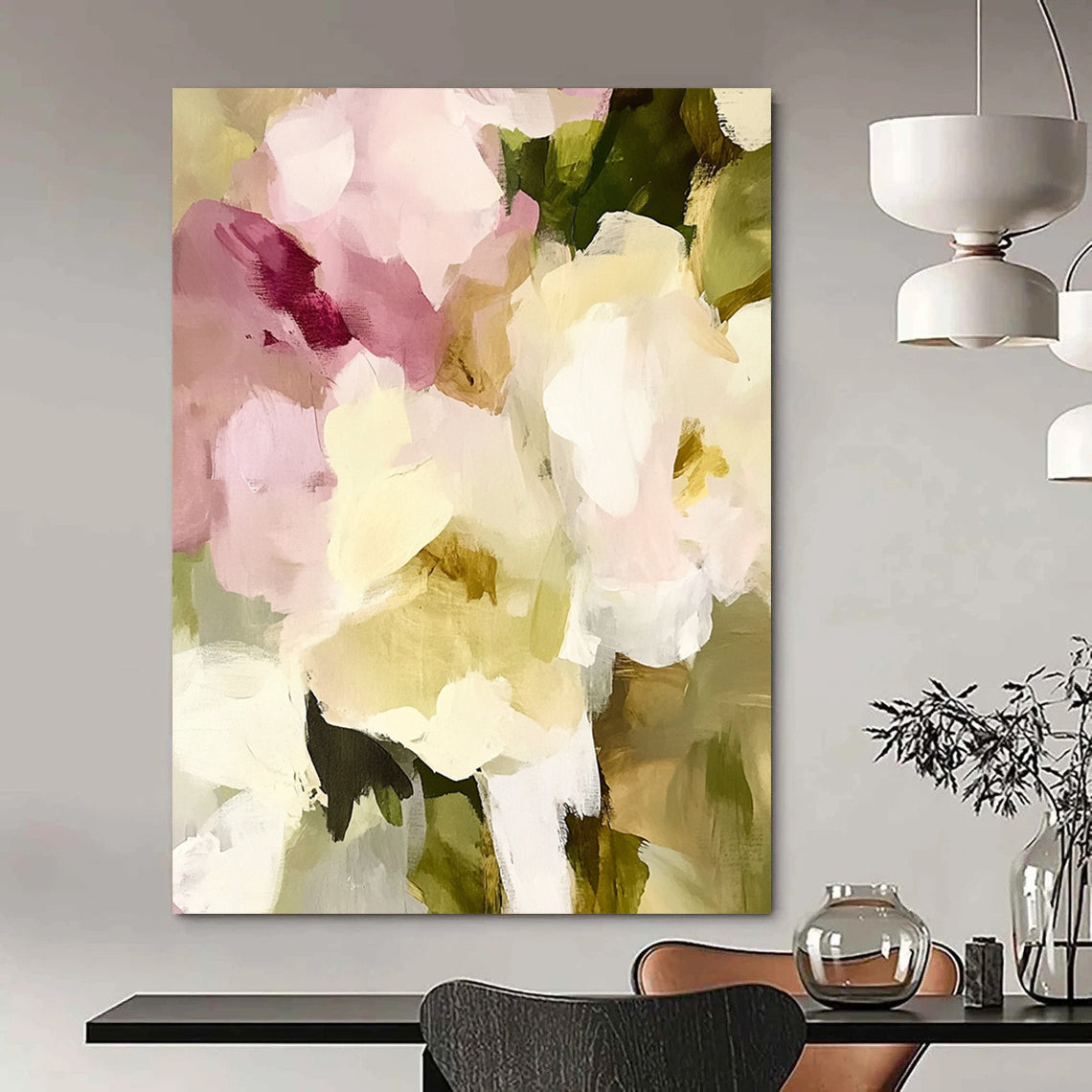 Large contemporary abstract painting featuring soft edges and blurry details with vintage floral elements in pale pink and cream tones. DLZ0379