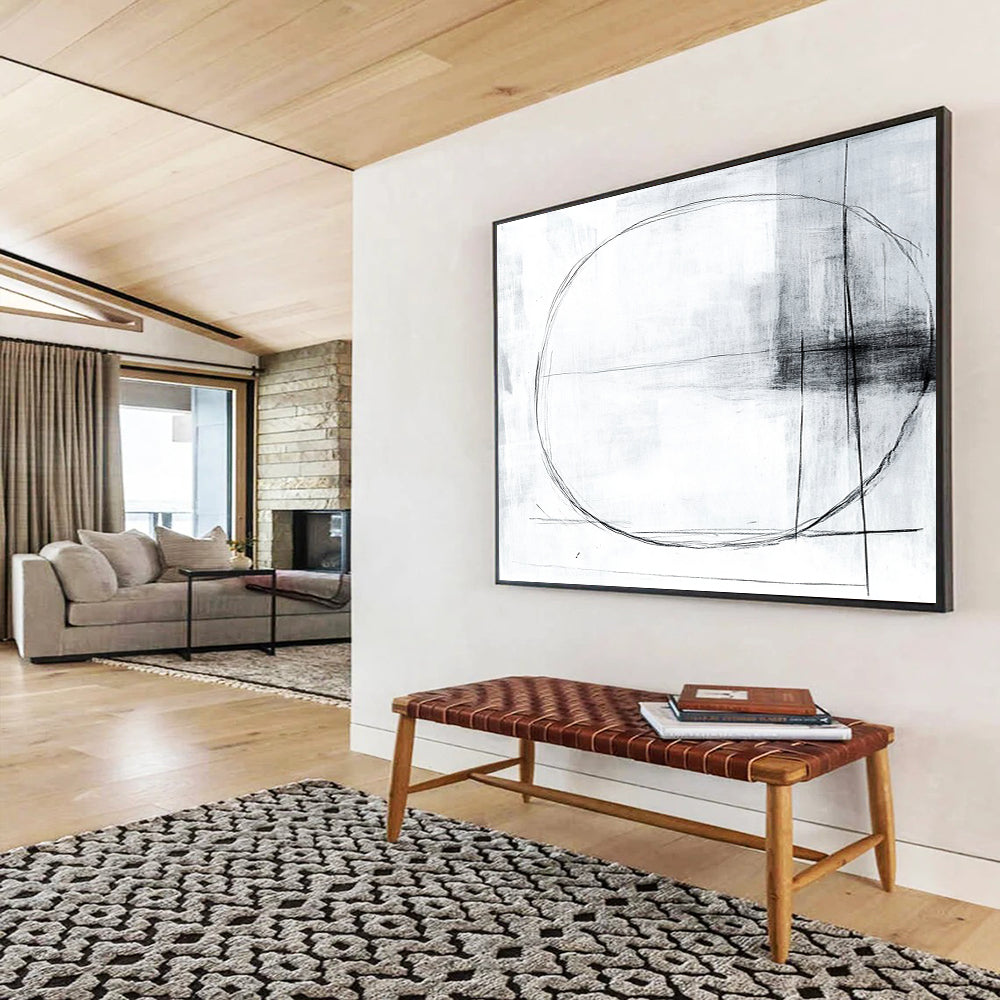“Minimalist Lines” - Black, White with Simple Geometric Lines - Abstract Charcoal Drawing HB1344