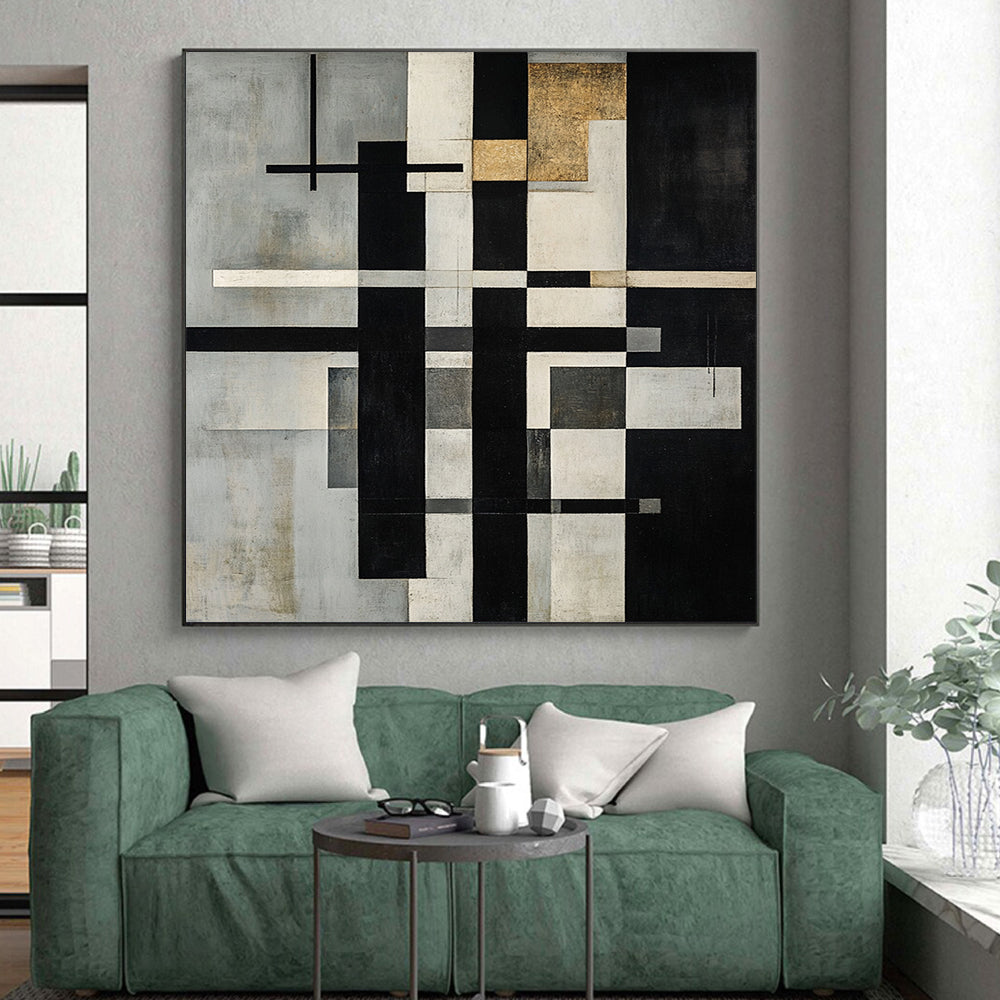 Gray, White, Black, Gold with Intersecting Lines "Structured Harmony" Abstract Painting On Canvas HB012