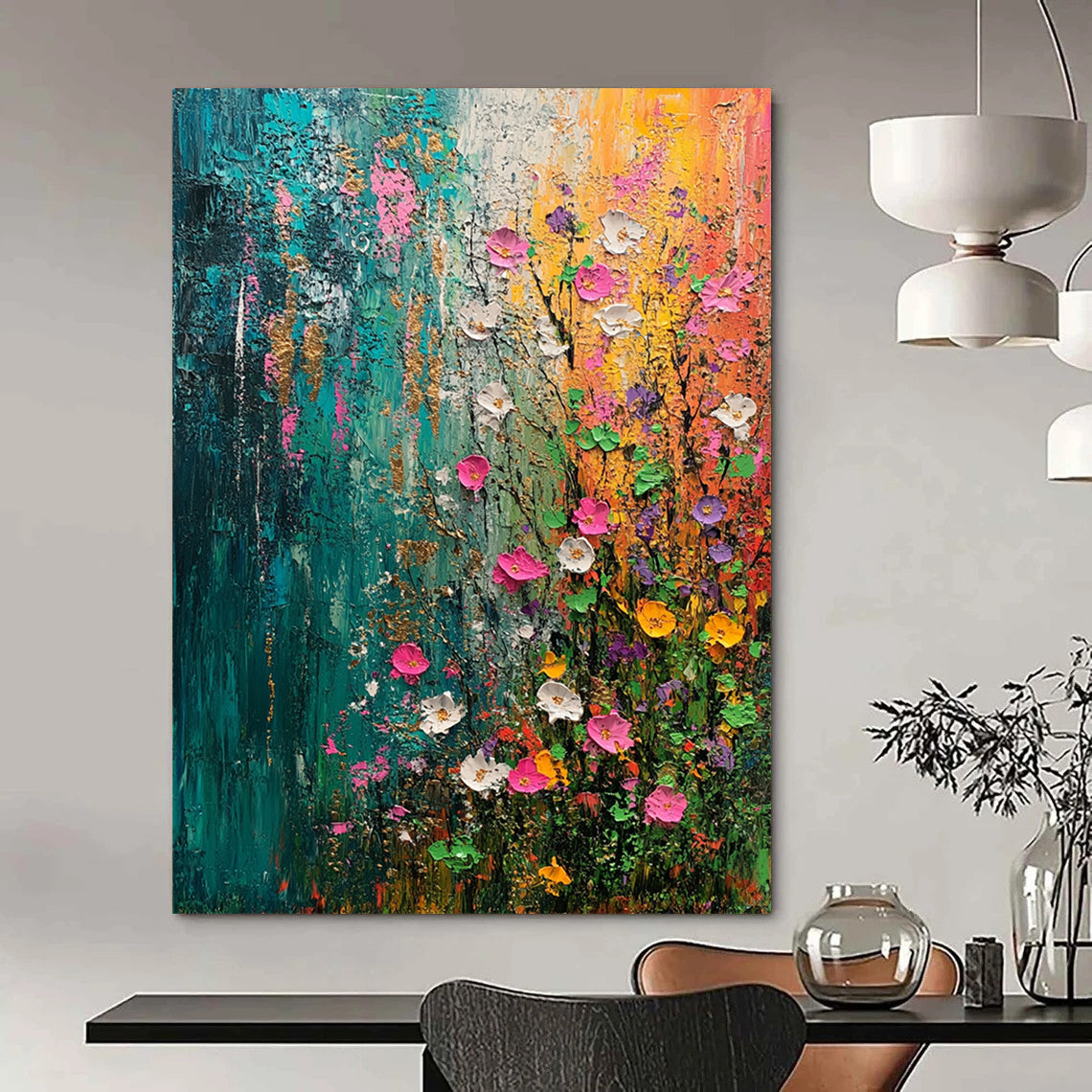 Contemporary abstract painting capturing spring's essence with vibrant flowers and trees in green blue pink and yellow accented by gold and silver textures. DLZ0644