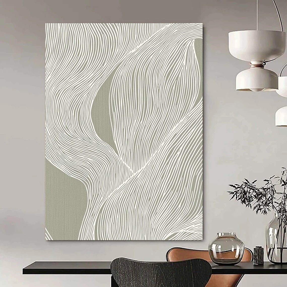 Contemporary hand-painted abstract artwork featuring fluid white lines on a gray background inspired by Edo woodblock prints, perfect for elegant interior decor. DLZ1431