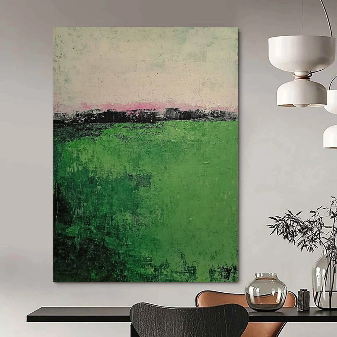 Contemporary abstract painting showcasing muted green grass foreground and a foggy village background featuring soft brush strokes on a textured canvas. DLZ0392