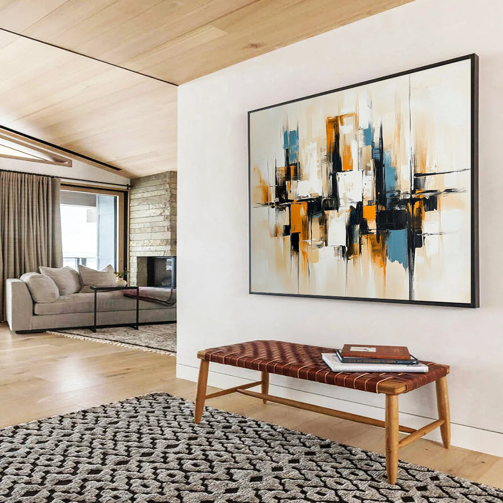 “Neutral Urban Abstraction” - Beige, Black, White, Abstract Minimalist Cityscape Painting On Canvas HB1081
