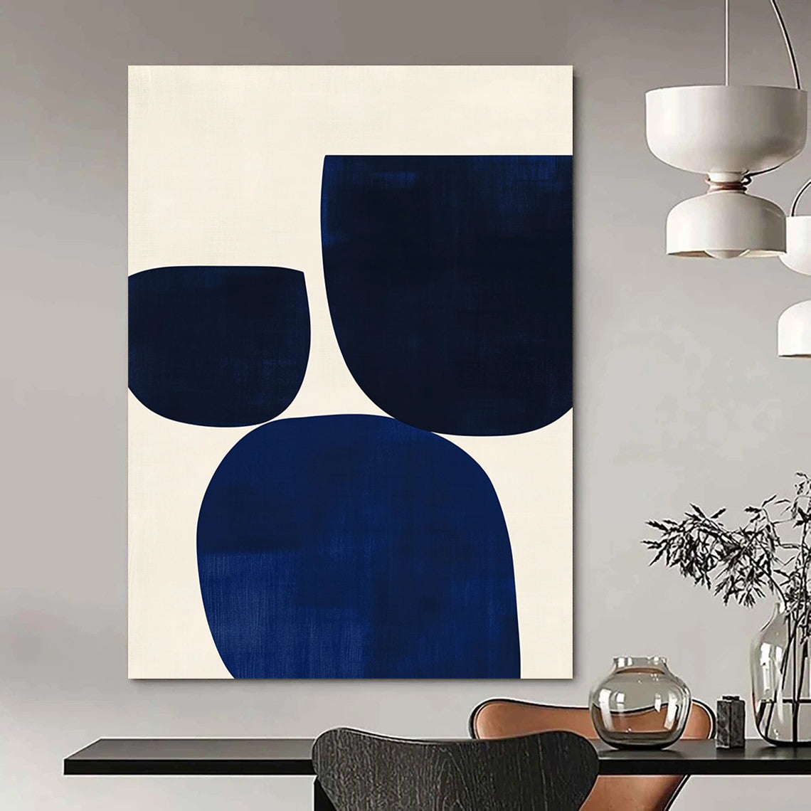 Contemporary hand-painted abstract artwork featuring minimalist Japandi style with blue and white simple shapes for a serene ambiance. DLZ1618
