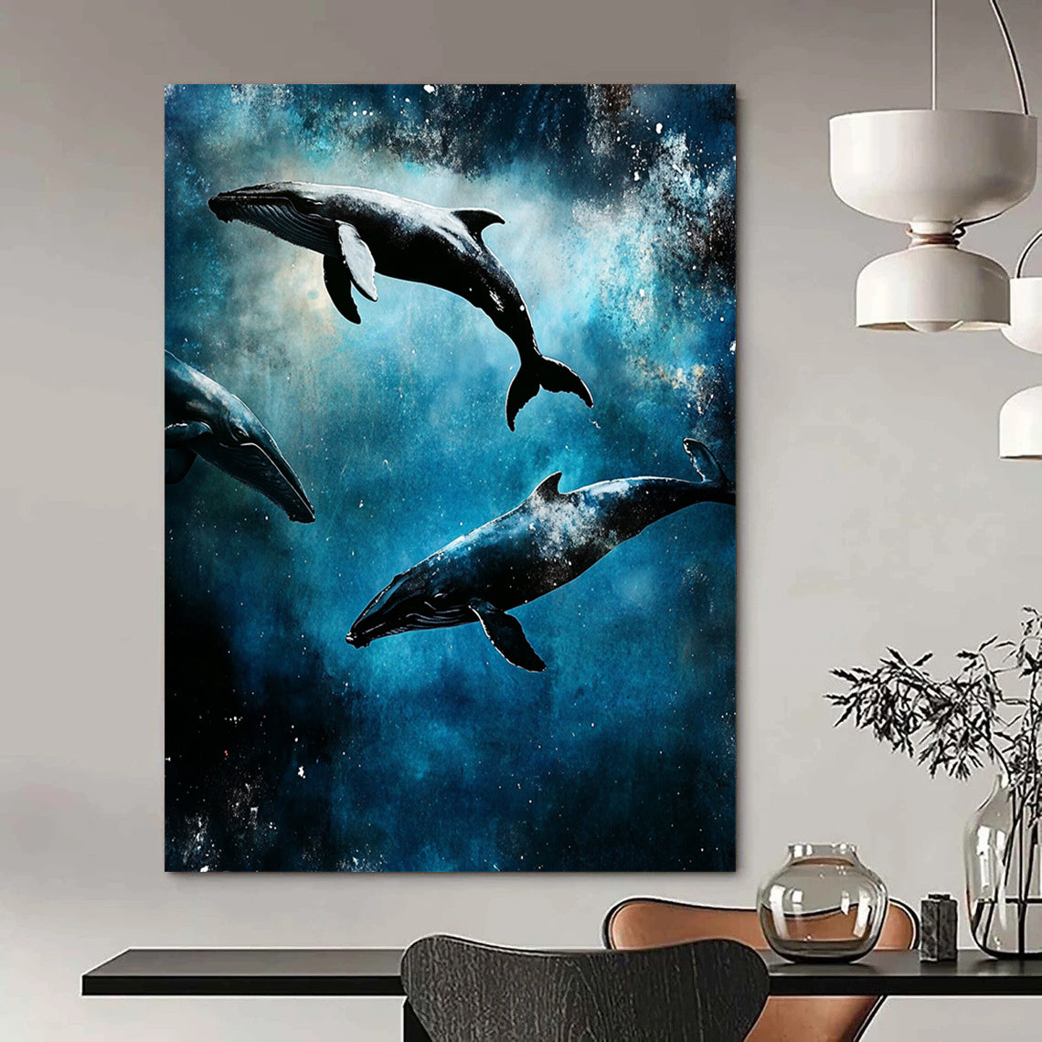 Abstract artwork showcasing ocean whales in cosmic space, featuring intricate underwater scenes, capturing a dark gritty aesthetic in digital painting style. DLZ1251