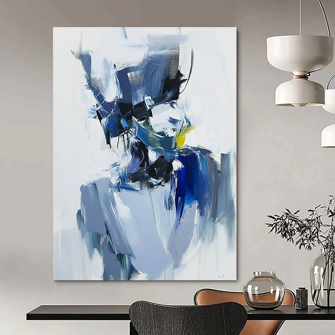 Contemporary abstract artwork featuring expressive blue and white character with brushstrokes, minimalism, and dark gray shapes for an elegant atmosphere. DLZ0951