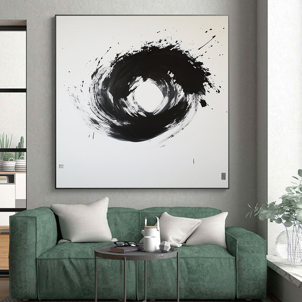 Black and White Splattered Circle "Energetic Enso" Painting On Canvas HB272