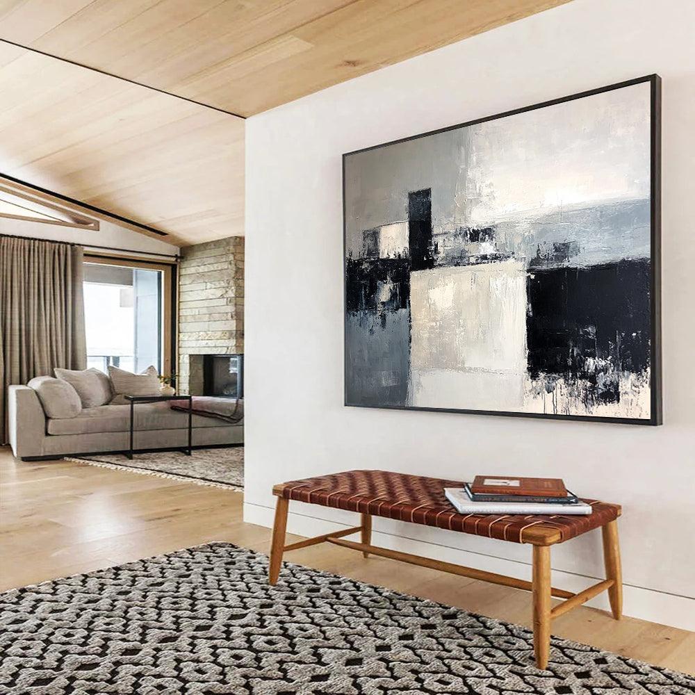 “Geometric Abstract in Gray and Black” - Gray, black, white; Geometric shapes in gray, black, and white; Textured Acrylic Painting On Canvas HB1204