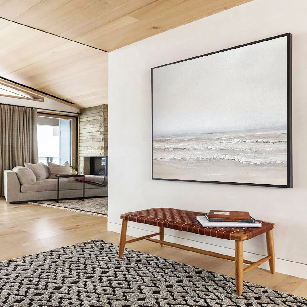 “Soft Gray Seaside” - Gray, white, beige, minimalist, Seascape Painting HB0625