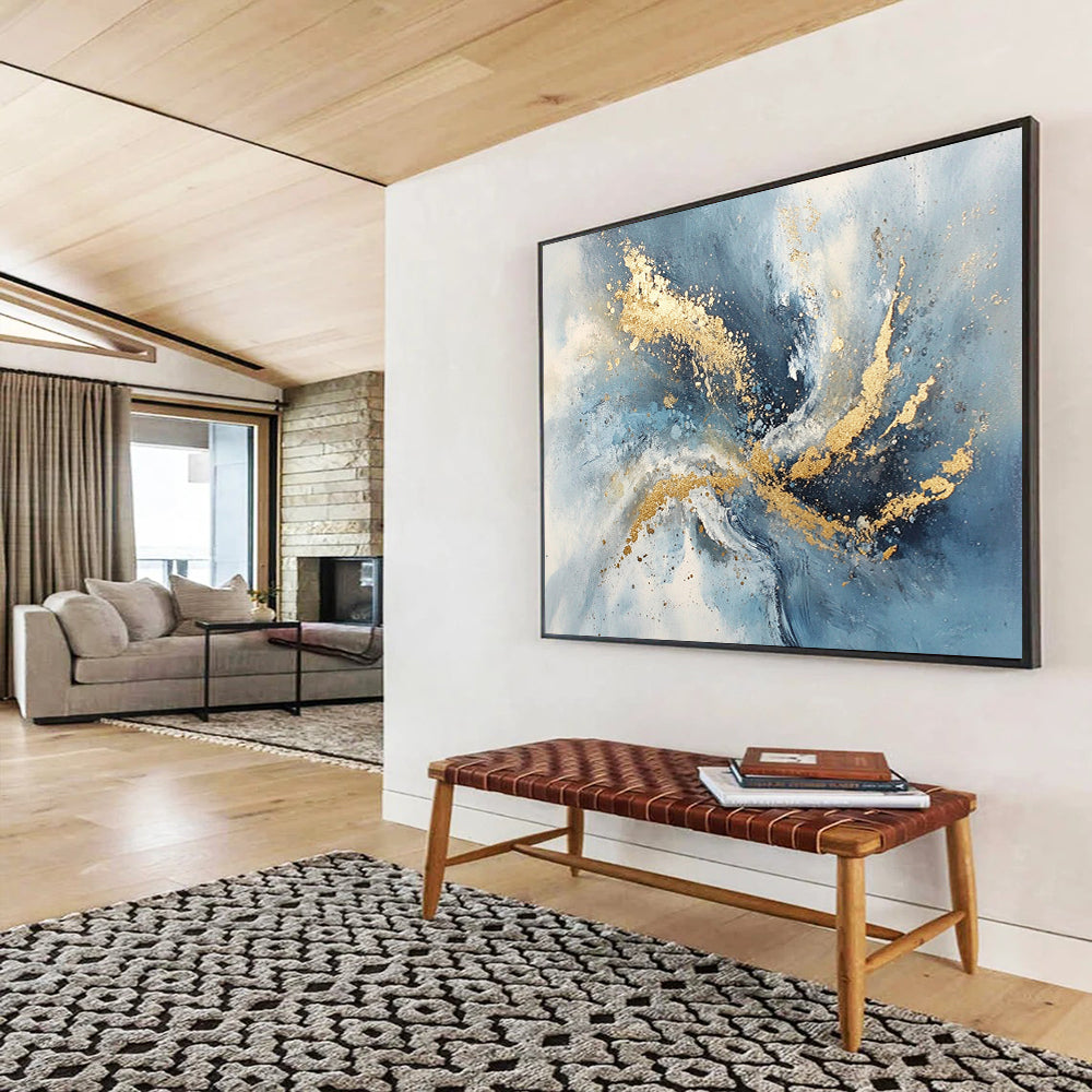 “Blue - Gray Abstract with Gold Splashes” - Blue, Gray, Gold, Dynamic Splashes Painting On Canvas HB0826