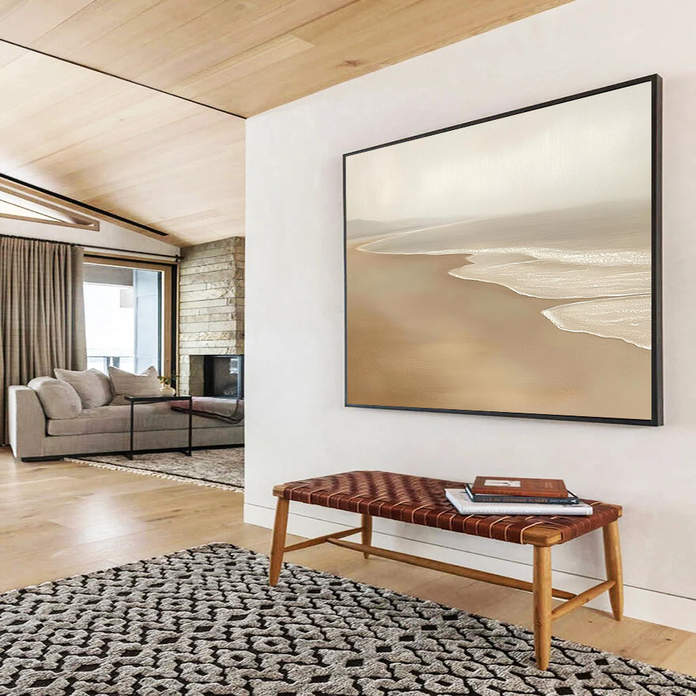“Neutral Toned Beach Serenity” - Beiges, Whites, Subtle Browns, Calm Beach - Oil Painting HB1618