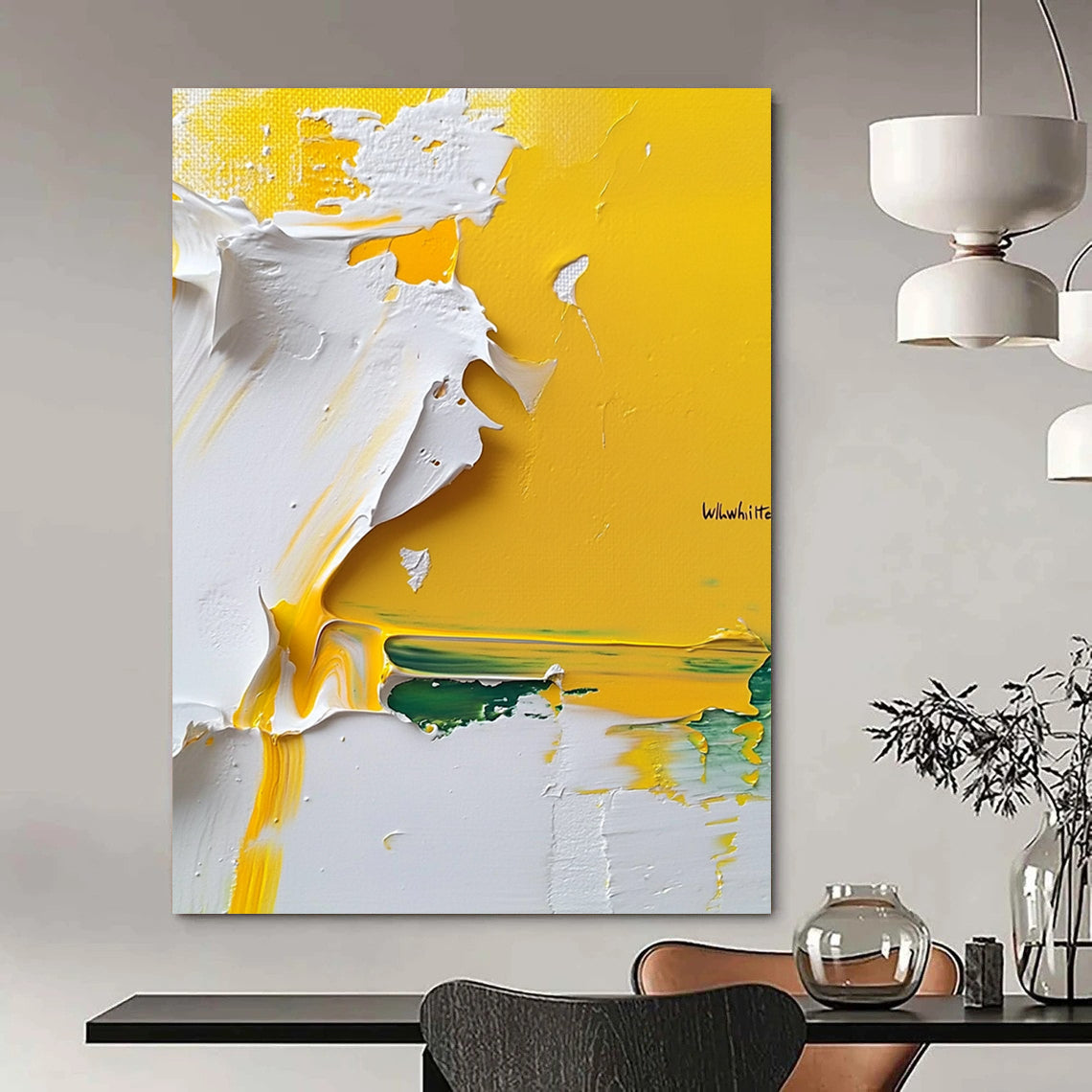 Contemporary hand-painted abstract artwork features vibrant yellow and white textures on a pure white background showcasing intricate impasto techniques. DLZ1185