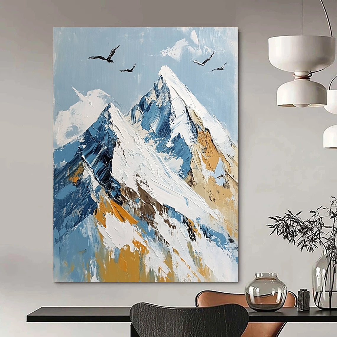 Contemporary abstract painting depicting Mount Everest's summit with flying birds, featuring a serene palette of white, blue, and gold. DLZ0493