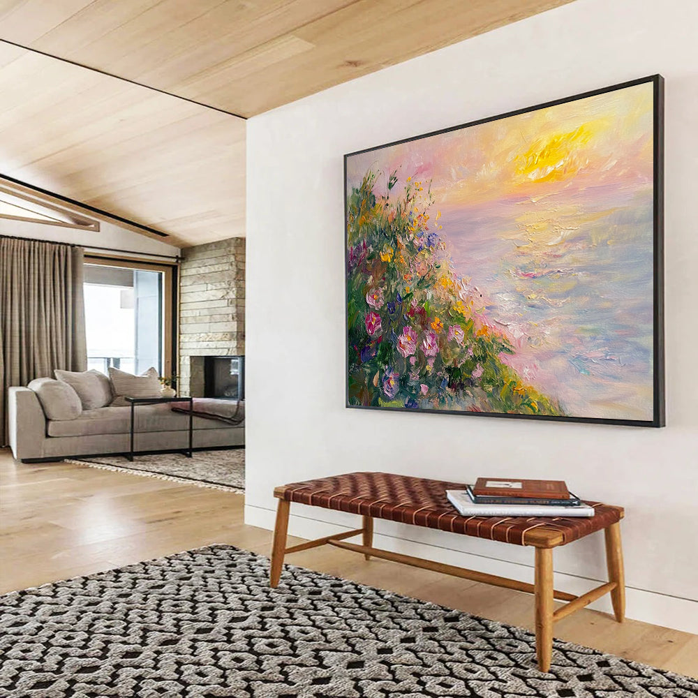“Seaside Floral Sunset” - Pink, Yellow, Floral & Sea Oil Painting On Canvas HB0716