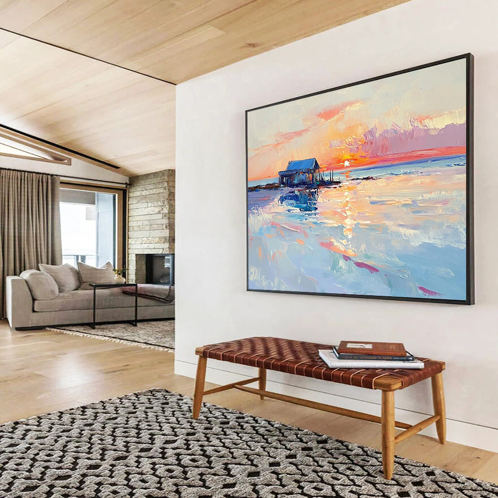 “Sunset Shack by Sea” - Pinks, Oranges, Blues, Coastal Shack - Impasto Oil Painting HB1592