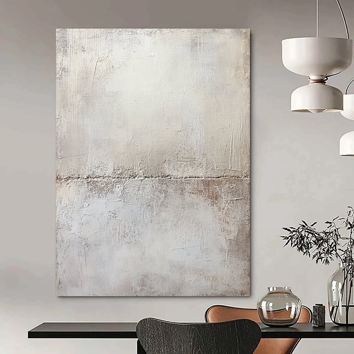 Large contemporary hand-painted abstract artwork featuring a textured white plaster wall with subtle gray tones and mysterious organic shapes in pale cream and beige. DLZ0583