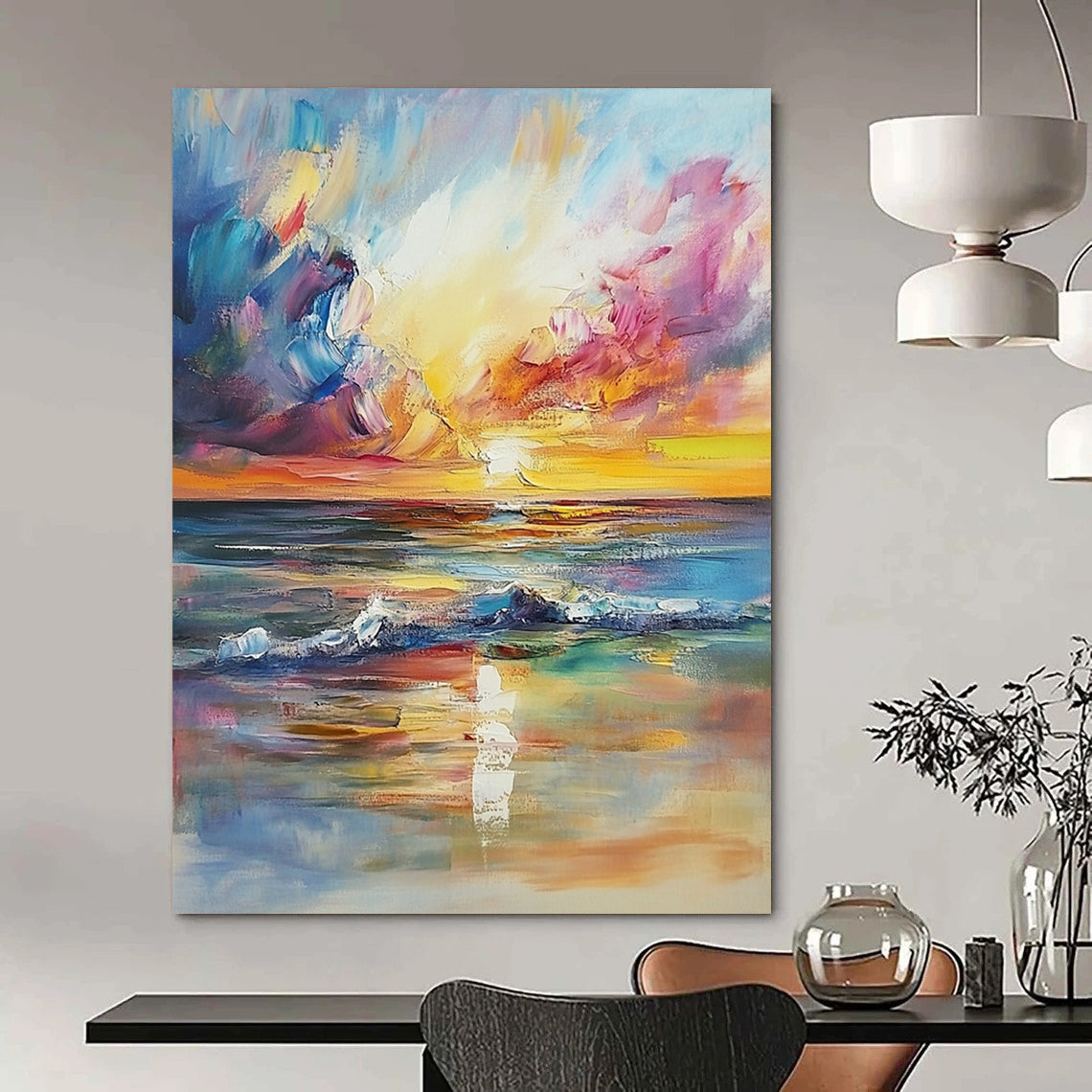 Contemporary hand-painted abstract artwork with impressionist style depicting a dreamy sunset over the sea, perfect for enhancing living room aesthetics. DLZ1125