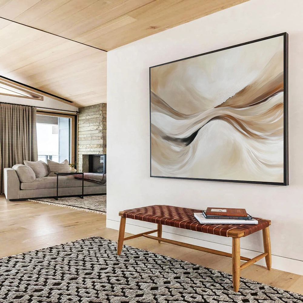 “Beige Flowing Waves” - Beige, White, Abstract Curves - Minimalist Acrylic Painting HB1489