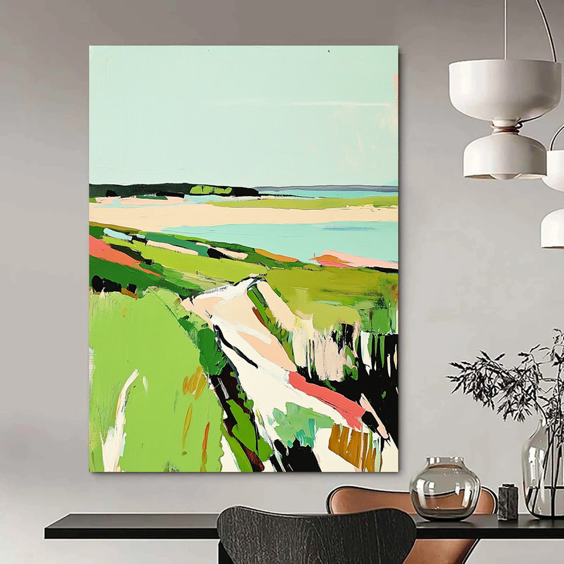 Contemporary abstract painting featuring vibrant green grass and a serene sky inspired by the coastal beauty of Cape Cod in Matisse's style. DLZ1420