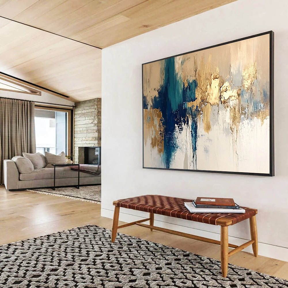 “Blue and Gold Abstract” - Beige, White, Blue, Gold, Elegant Abstract Painting On Canvas HB0964