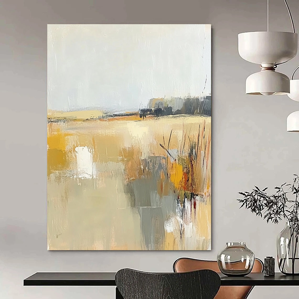 Contemporary abstract painting showcasing soft beige and gray tones with touches of yellow, illustrating the tranquil essence of a field beneath a light sky. DLZ0416