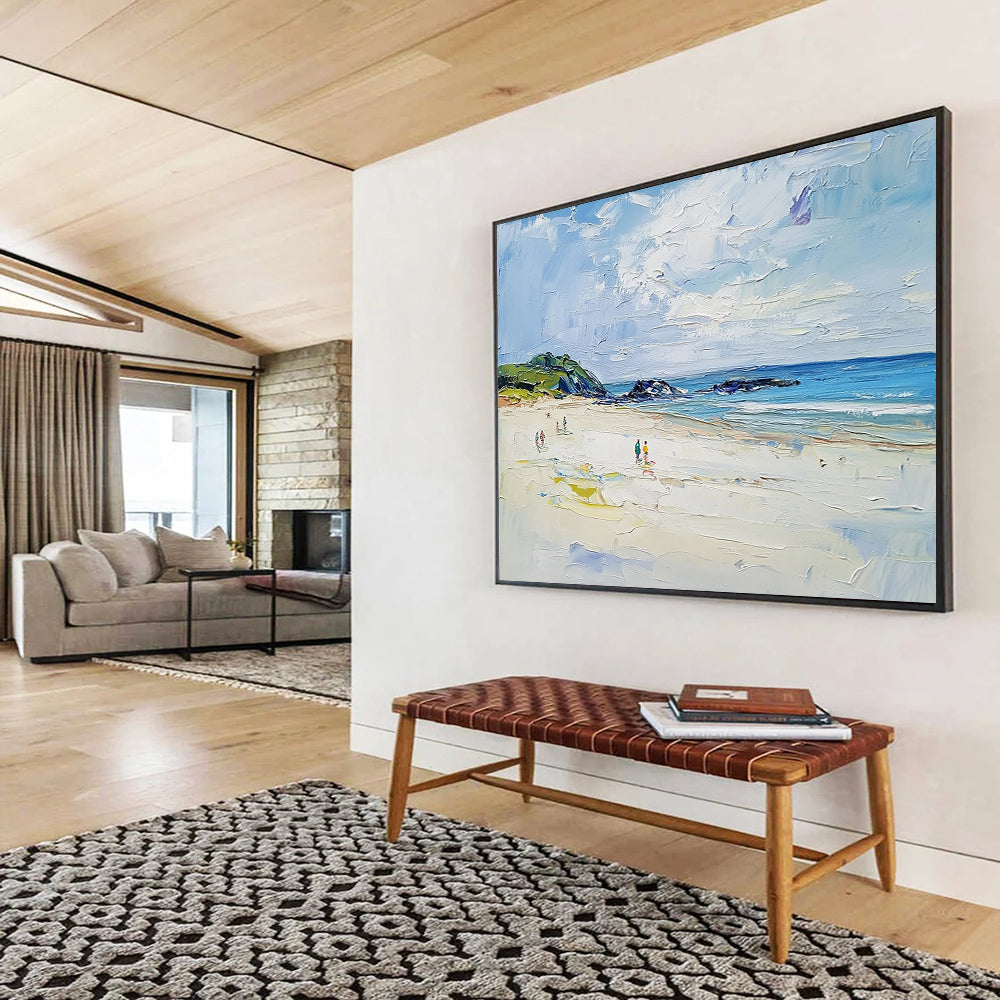 “Vibrant Beach Scene” - Blue, Green, White, Impasto Beach Painting On Canvas HB1009