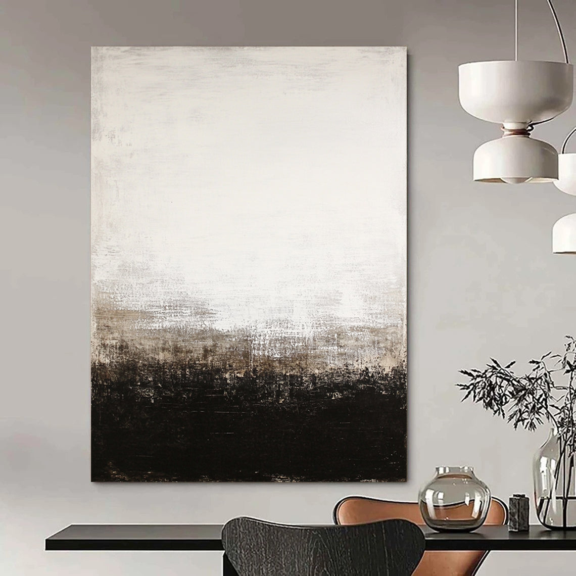 Large contemporary abstract painting features a black and white color scheme with a white-to-beige gradient and dark brown base evocative of Whistler and Rothko. DLZ0544