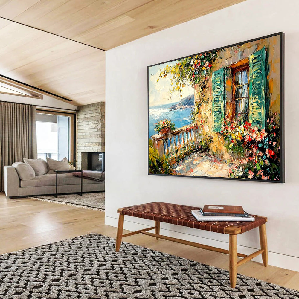 “Mediterranean Balcony” - Blue, Green, Colorful Flowers, Coastal Balcony - Impasto Oil Painting HB1681